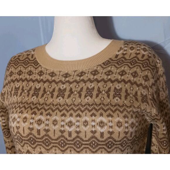 NWT Gloria Vanderbilt Fair Isle Sweater Womens Medium Tan Lurex Gold Thread - Picture 2 of 13